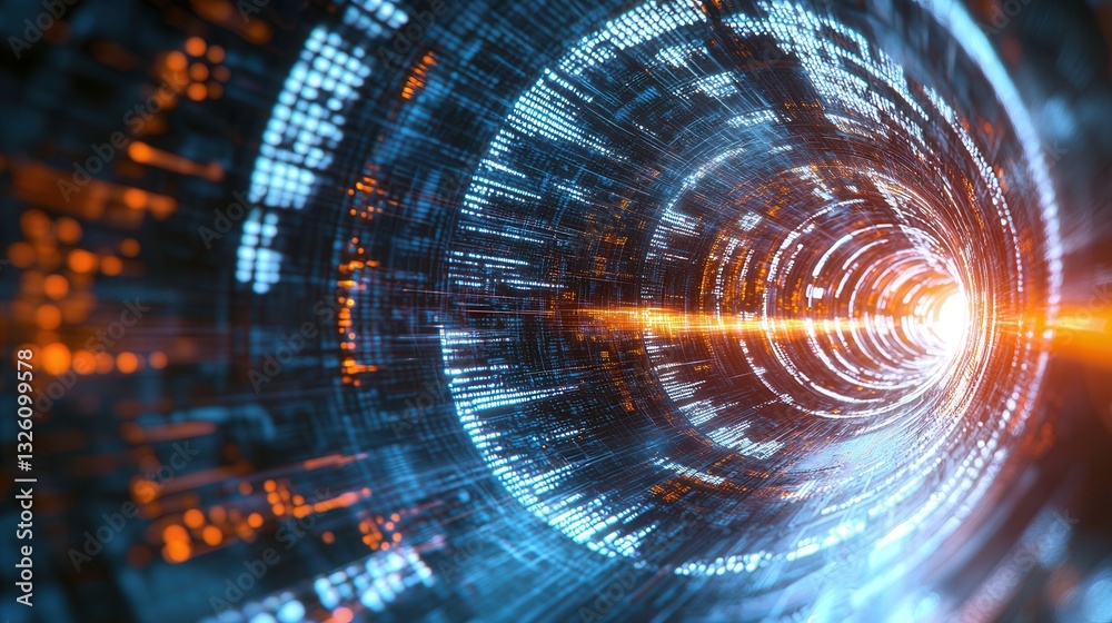 Poster vibrant dynamic visualization of futuristic data flow through a luminous abstract cyber tunnel showc