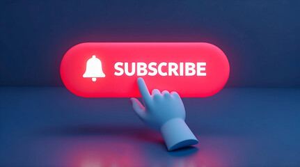 Bold red YouTube Subscribe button with bell icon and pointing hand, high-quality 3D rendering for digital engagement