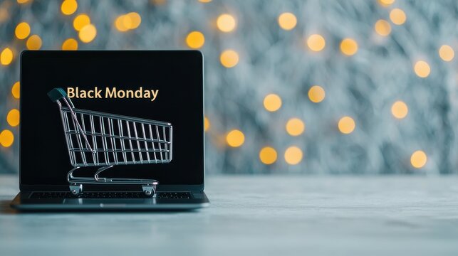 A modern laptop displays a shopping cart with Black Monday text, symbolizing online sales and consumerism during holiday sales.