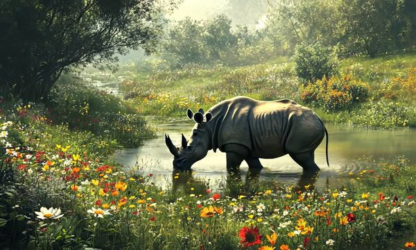 A serene rhinoceros drinking from a tranquil pond surrounded by vibrant wildflowers in a lush landscape