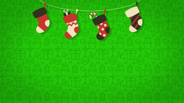 Animated Happy New Year and Christmas Pattern Design with Christmas Stocking Decorations Elements. Motion Holiday Christmas Elements 4K Motion Wallpaper Poster layout card template design.