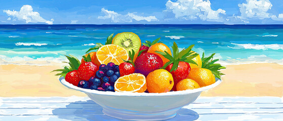 A vibrant bowl of assorted fruits sits on a beachside table, with a clear blue sky and ocean in the background, evoking a refreshing summer vibe.