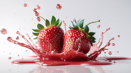 Fresh ripe strawberries splashing strawberry juice on white backdrop for lively high energy food photography advertisement Stock Photo Image Fruits Presentation