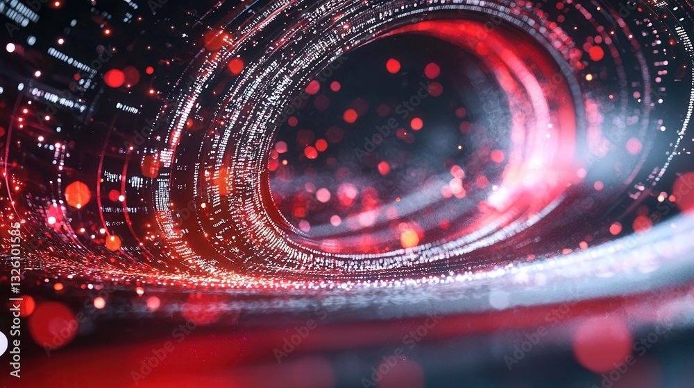 Poster an abstract futuristic digital space tunnel filled with dynamic glowing points of light that seem to