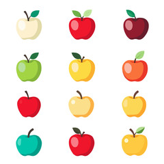 Very Simple flat 2D icon red yellow green apple set isolated on a white background, vector, flat design, animation design, simple flat 2D icon, minimalist design, clipart	