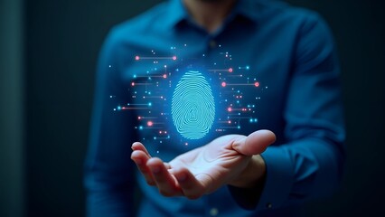 Futuristic Biometric Security – Businessman Scanning Fingerprint on a Glowing Holographic Interface, Cybersecurity, Identity Verification, Access Authentication