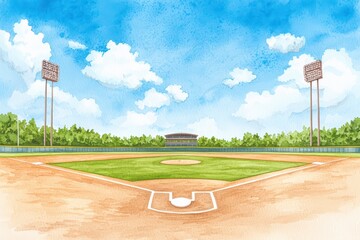 Fototapeta premium Vintage Watercolor Illustration of a Sports Stadium with Clear Sky and Green Grass Field