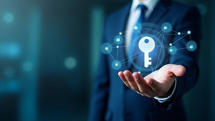 Fototapeta premium Futuristic cybersecurity and digital access concept. A business professional presents a glowing key, symbolizing encryption, authentication, and secure data transmission
