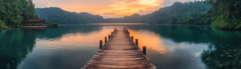 Fototapeta premium Serene Sunset Over Tranquil Lake with Wooden Pier Leading to Lush Green Forest and Vibrant Sky Reflections