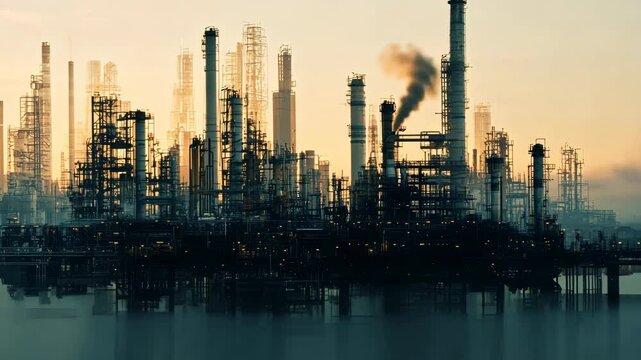 Industrial skyline at sunset with smoke rising from refineries