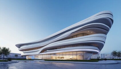 Fototapeta premium A striking building showcases innovative architecture with sleek, flowing lines against a clear sky. The structure reflects modern design trends and stands out in its urban environment