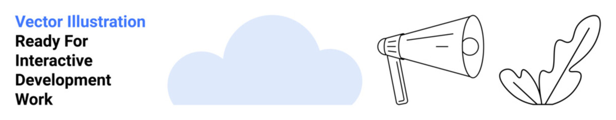 Cloud shape, outlined megaphone, and abstract leaf symbolizing communication, environmental awareness, digital services, creativity, business branding, collaboration and marketing. Ideal for flat