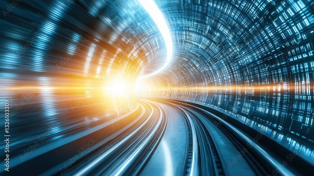 Poster a futuristic and dynamic digital tunnel with a vibrant glowing abstract pattern suggesting a high sp