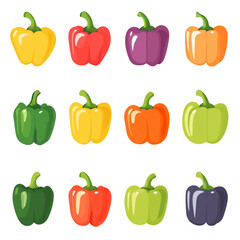 Very Simple flat 2D icon colorful bell pepper set collection isolated on a white background, vector, flat design, animation design, simple flat 2D icon, minimalist design, clipart
