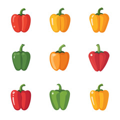 Very Simple flat 2D icon colorful bell pepper set collection isolated on a white background, vector, flat design, animation design, simple flat 2D icon, minimalist design, clipart