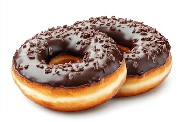  two chocolate-covered donuts, solid white background, high resolution.