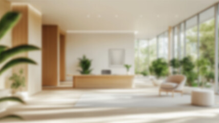 Fototapeta premium Blurred background of inspiring minimalist scandinavian office design featuring ample natural light, contemporary furniture, and lush greenery for a serene workspace. AI Generated Images