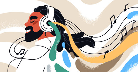 Happy man listening to music in headphones, enjoying sound track, favorite song. Smiling young person, male character in head phones, playing melody, tune, soundtrack. Flat vector illustration © Good Studio