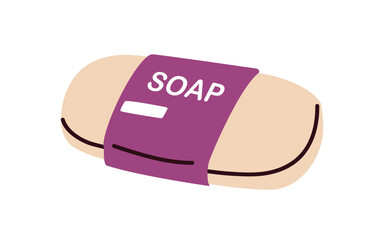 Solid soap bar. Body and hand care, hygiene, skincare product wrapped in paper label, package. Cleaning washing moisturizing bath cosmetics. Flat vector illustration isolated on white background