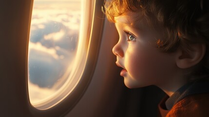 A young child is looking out the window of an airplane