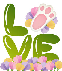 love - green gradient lettering with Easter bunny paw instead of the letter O - decorated with pink, yellow, lilac wildflowers. Spring/Easter vector graphics