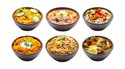 PNG Biryani Set in Different Poses on Transparent Background for Indian Cuisine Illustration, Restaurant Branding, or Food Promotion