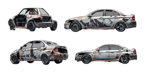 Pack Damaged Car Set Against Transparent Background for Accident Reports, Insurance Claims, or Vehicle Repair Advertising