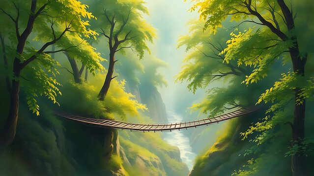 Fototapeta Misty Forest Gorge with Rope Bridge