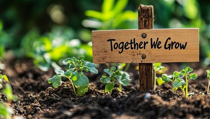 A wooden sign with the words "Together We Grow" written on it, surrounded by small plants and soil. The background is blurred to emphasize the text.
