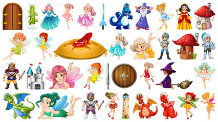 Fototapeta premium Fantasy Cartoon Characters Set – Cute Little Girls, Fairies, Dragons, Castle & Magicians (EPS)