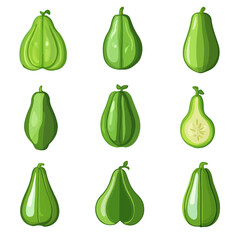 Very Simple flat 2D icon chayote set collection isolated on a white background, vector, flat design, animation design, simple flat 2D icon, minimalist design, clipart