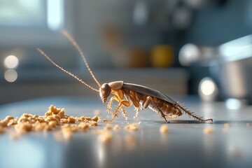 A close-up view of a cockroach moving across a kitchen counter, closely interacting with food crumbs scattered nearby. The focus reveals details of the insect against a blurred kitchen background