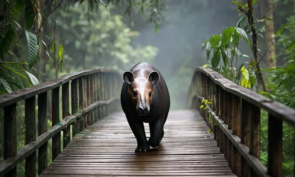 A solitary tapir walking across a wooden bridge in a lush, misty rainforest surrounded by greenery