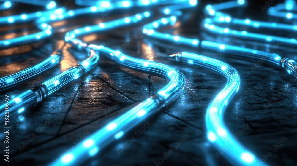 Poster mesmerizing glowing blue data streams flowing and interconnecting across a dark and white abstract b