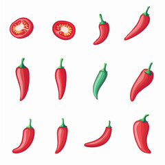 Very Simple flat 2D icon Chili set collection isolated on a white background, vector, flat design, animation design, simple flat 2D icon, minimalist design, clipart
