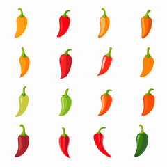 Very Simple flat 2D icon colorful Chili set collection isolated on a white background, vector, flat design, animation design, simple flat 2D icon, minimalist design, clipart