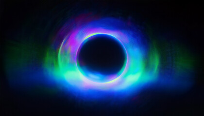 Neon glow blurred blue-green color round mystical teleport. Neon color geometric circle on the black background.