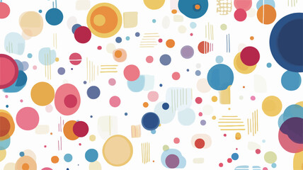 The image is a digital illustration featuring numerous overlapping circles of varying sizes and shades of pink, red, orange, yellow, blue, and purple.  The circles are distributed across a white