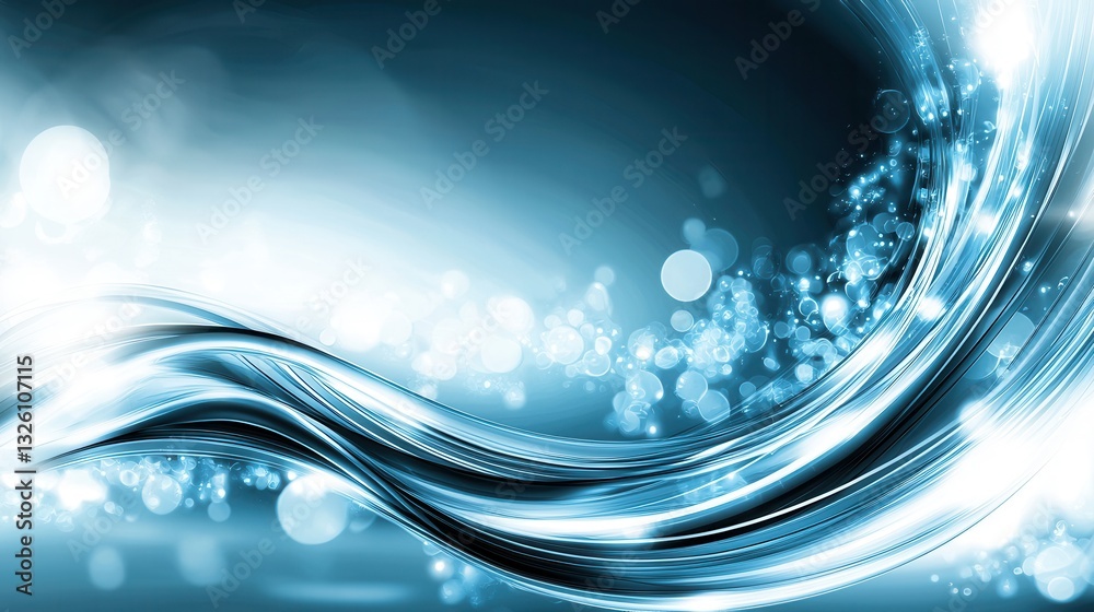 Poster swirling luminous waves of blue data flow and converge against a dark background punctuated by soft 