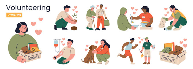 Collection of minimalist scenes with volunteers, charity work and community service illustrations. Flat cartoon characters tree planting, helping elderly and homeless, blood donation, pet shelters set