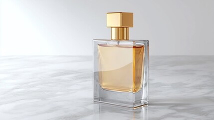 Luxury gold capped perfume bottle mockup placed a glossy marble surface with soft lighting ideal for high end fragrance branding