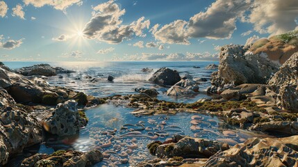 Obraz premium A rocky coastline with tide pools filled with sea life, under a bright sunny sky