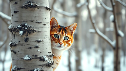 Blurred bokeh effect, strong moody style, high-resolution, ginger cat with orange, black, and white striped fur partially hidden behind a birch tree in a snowy forest, cat's face visible, textured bir