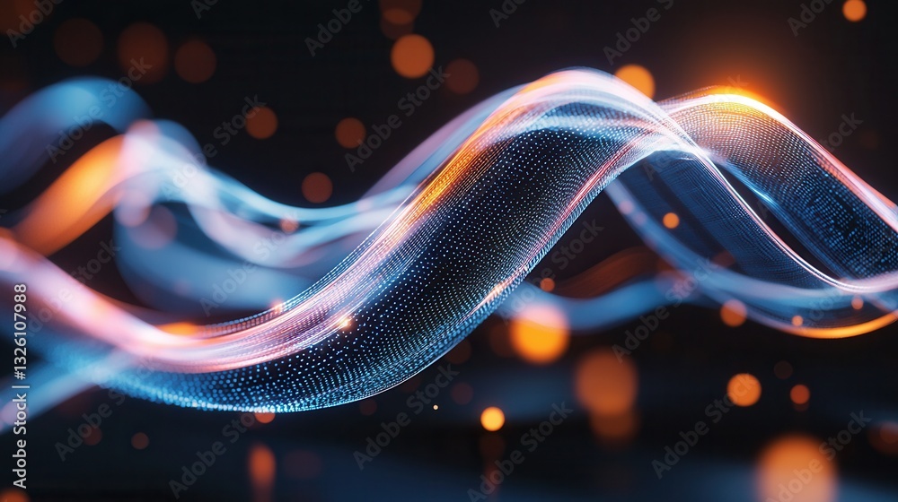 Poster glowing luminous waves of digital data and information flowing and moving dynamically across an abst