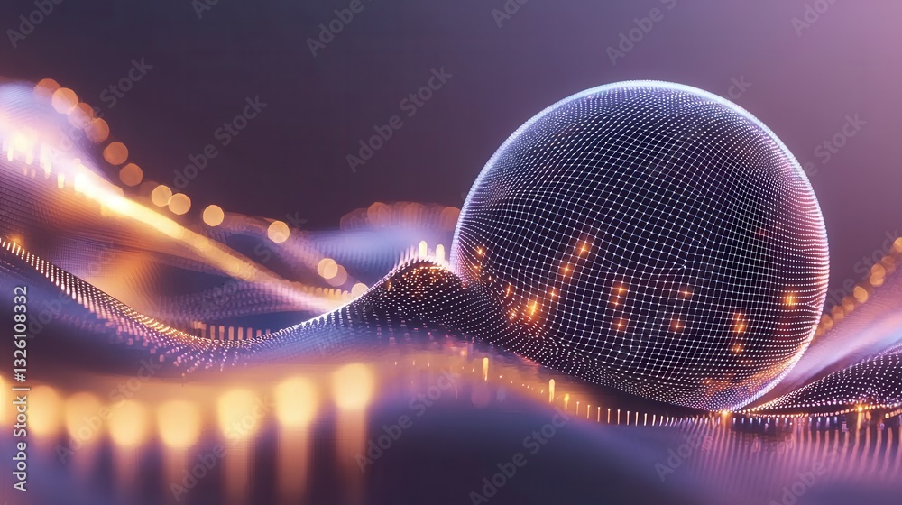 Poster a futuristic depicting a dynamic illuminated grid with a vibrant shimmering spherical element symbol