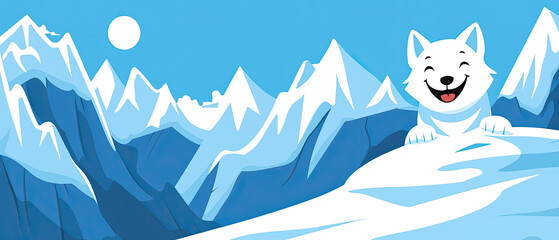 A cheerful cartoon dog sits on a snowy landscape, surrounded by majestic mountains under a bright blue sky.