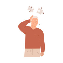 Elderly man experiencing memory loss and cognitive decline, touching his head with confused expression. Alzheimer disease dementia concept. Flat Style Vector Illustration isolated on white background.