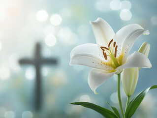 Easter Lily and Cross for Holy Easter Day celebrations. Copy space provided.