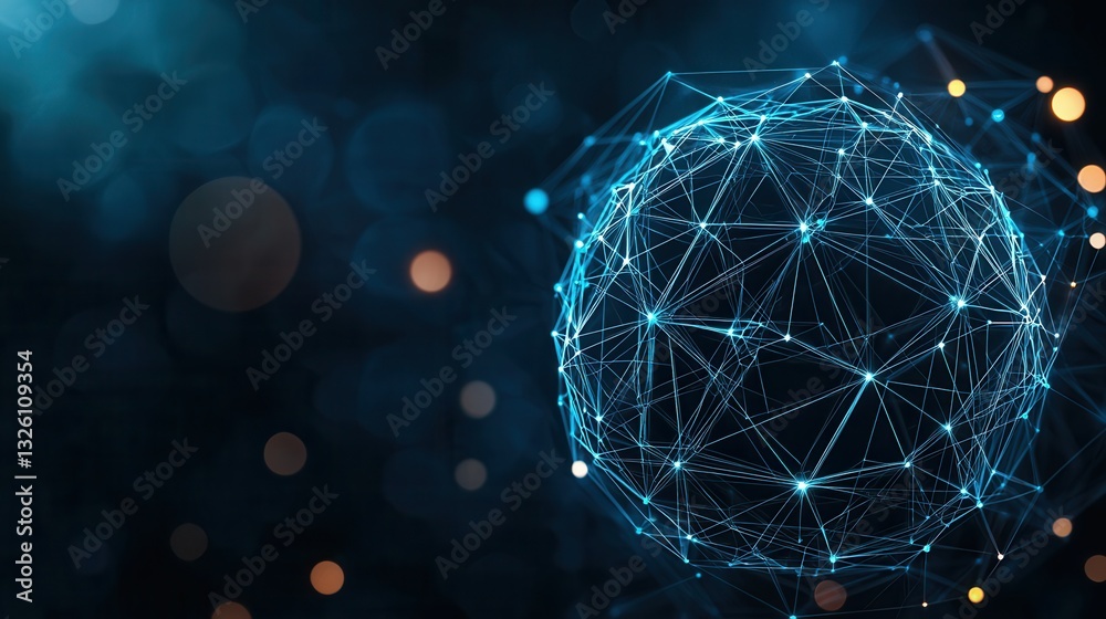Poster a luminous interconnected digital sphere representing the complex dynamic nature of global networks 