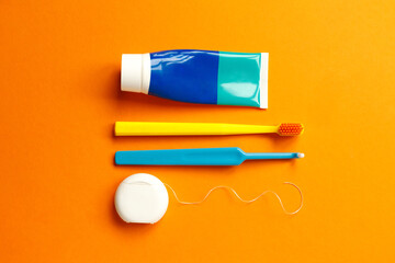 morning and evening routine dental care from caries tools like toothpaste, toothbrush, tuft...